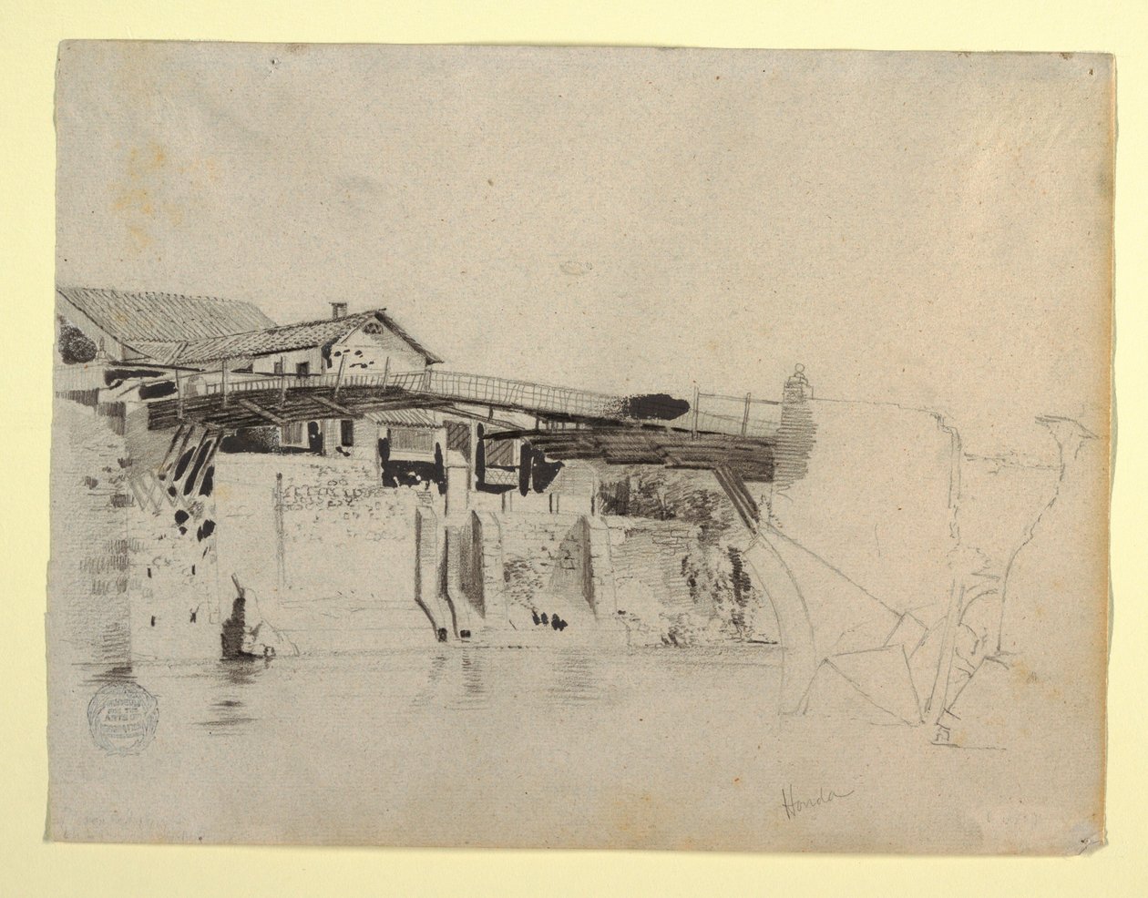 Tekening, Gezicht op de brug en huizen in Honda, Colombia, 1853 door Frederic Edwin Church