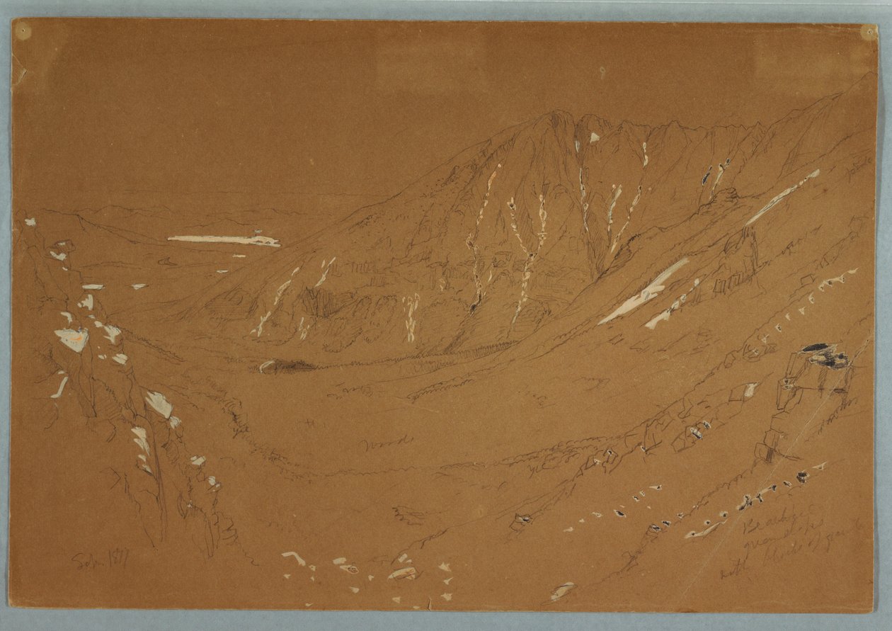 Tekening, Uitzicht op het Grote Bekken, Mount Katahdin, september 1877 door Frederic Edwin Church