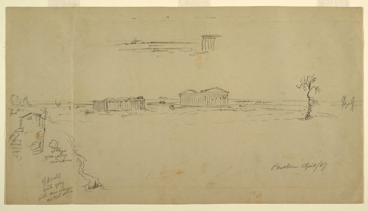 Tekening, Gezicht op de basiliek en de tempel van Neptunus, Paestum, Italië, april 1869 door Frederic Edwin Church
