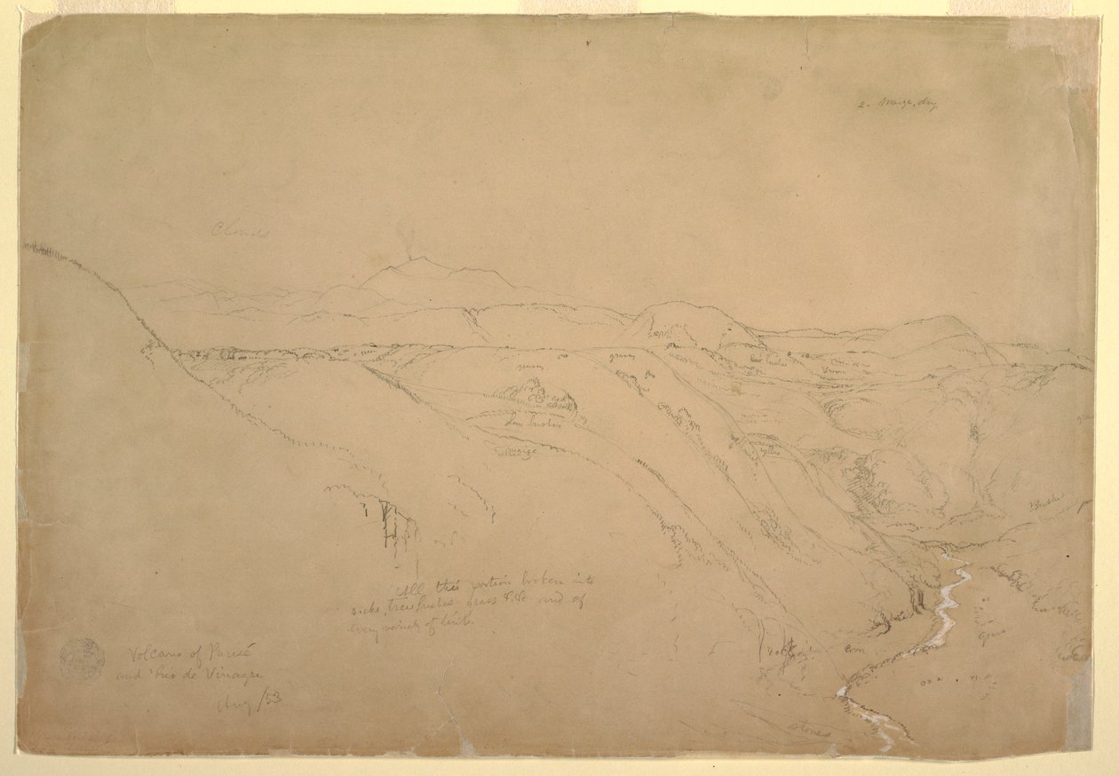 Tekening, Vulkaan Puresé en de Rio de Vinagre, Purese, Colombia, augustus 1853 door Frederic Edwin Church