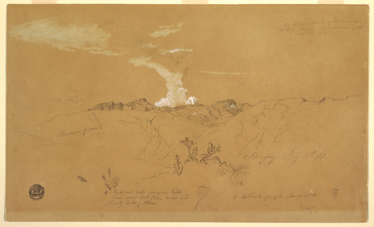 Tekening, vulkaan, Sangay, 11 juli 1857 door Frederic Edwin Church