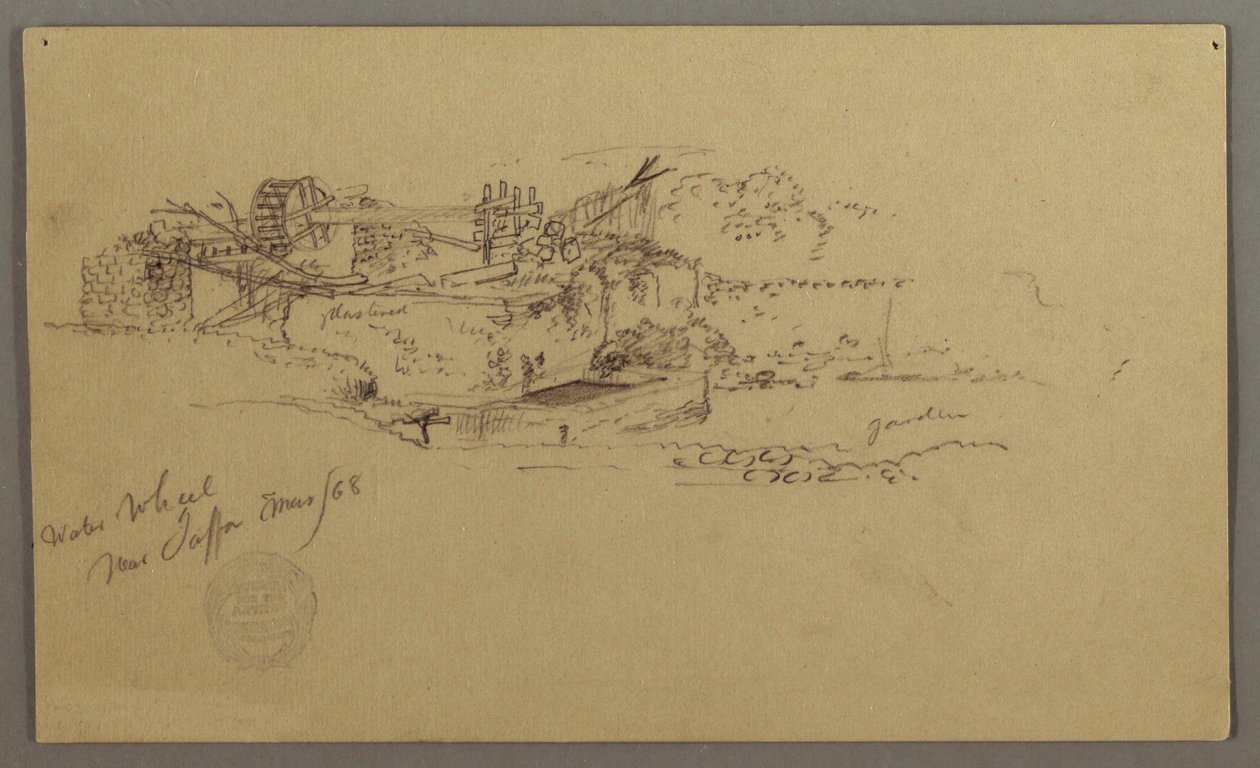 Tekening, Waterrad met bassin in een tuin, Jaffa, Palestina [Tel Aviv, Israël], maart 1868 door Frederic Edwin Church