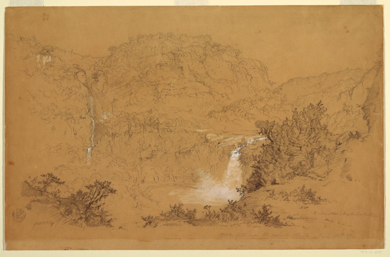 Tekening, Watervallen bij de Hacienda, Chillo, Ecuador, 26 juni 1857 door Frederic Edwin Church