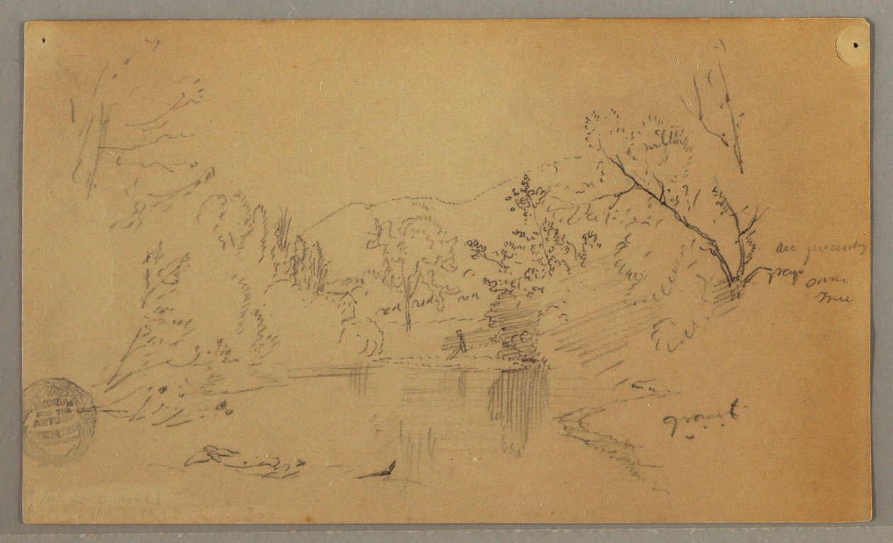 Tekening, Kronkelende rivier in een beboste vallei, Vermont, oktober 1865 door Frederic Edwin Church