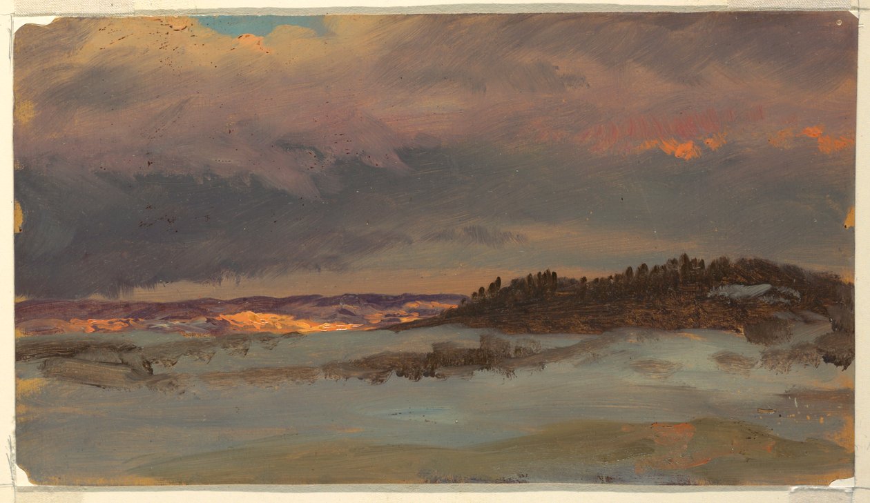 Tekening, Winterlandschap met blauwe heuvel bij zonsondergang, Hudson, New York, 1870-75 door Frederic Edwin Church