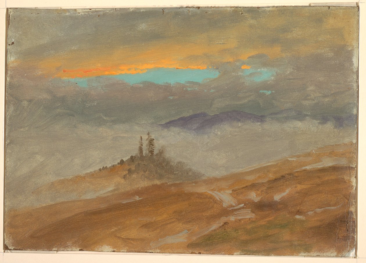 Tekening, Winterlandschap, zicht op Zuarry Hill, schemering, 1850-60 door Frederic Edwin Church