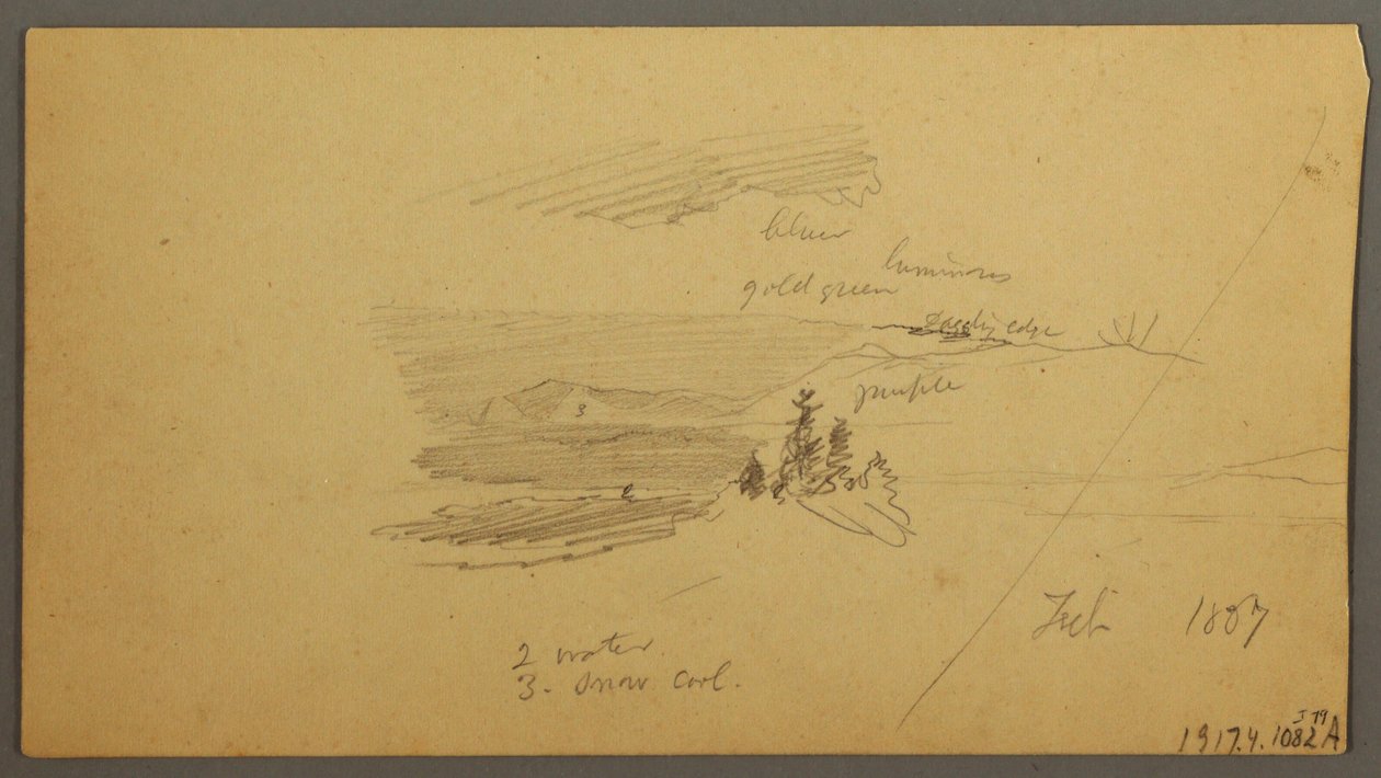 Tekening, beboste heuveltop, heuvelachtige vallei, zon, januari 1866 door Frederic Edwin Church