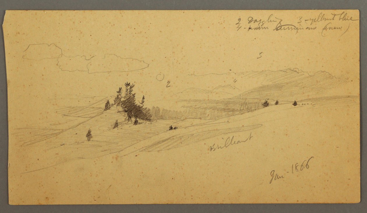 Tekening, beboste heuveltop, heuvelachtige vallei, zon, januari 1866 door Frederic Edwin Church