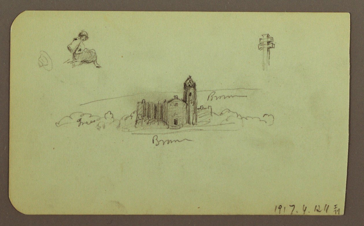 Tekening, heuvels, kerk, brug; Verso: figuur, kruis, kerk, 1883 door Frederic Edwin Church