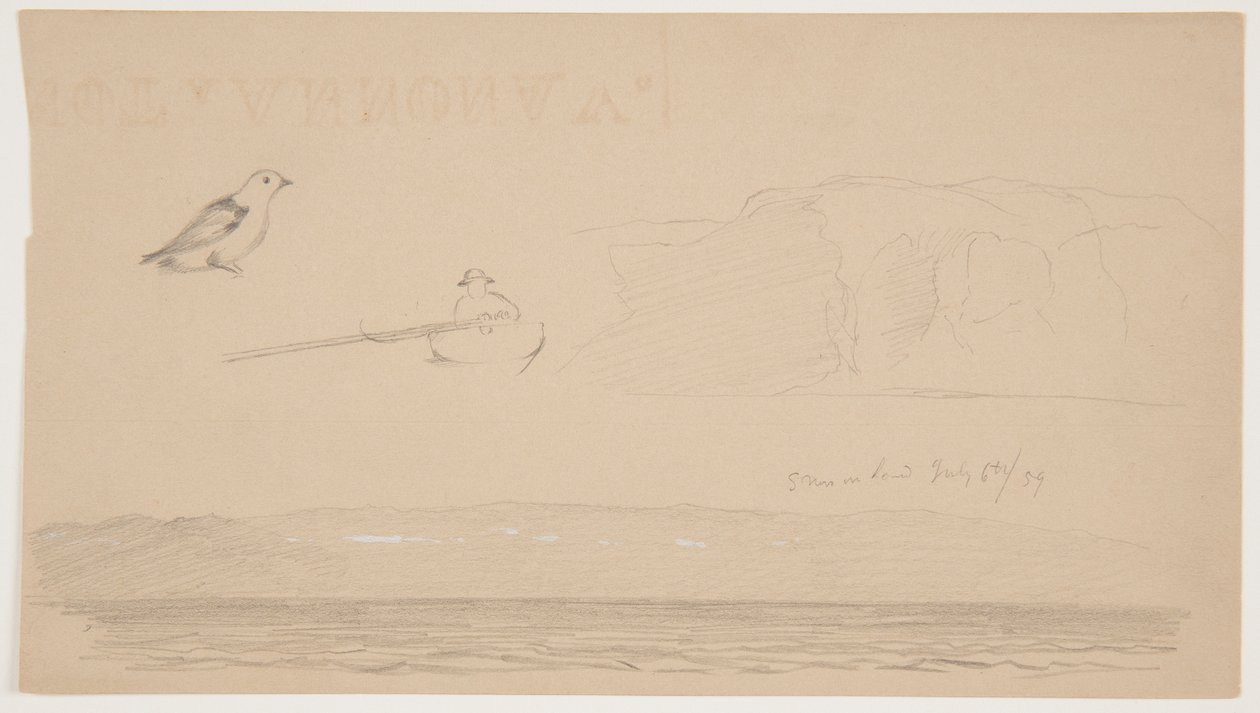 Schetsen uit Labrador van sneeuw op land, man in boot en vogel door Frederic Edwin Church