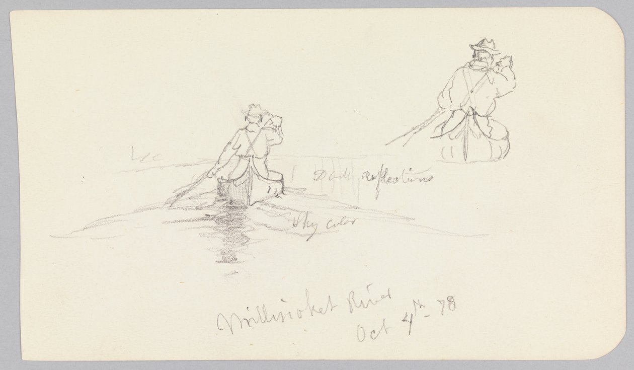 Studies van man die kano peddelt op Millinocket River door Frederic Edwin Church