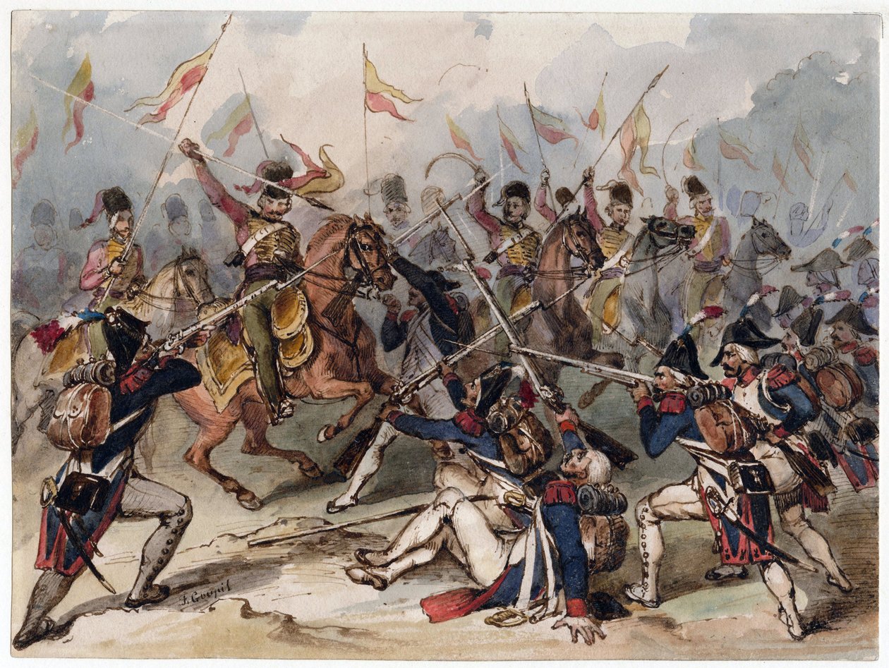 Franse infanterie en Russische huzaren in gevecht bij Austerlitz door Frédéric Goupil Fesquet