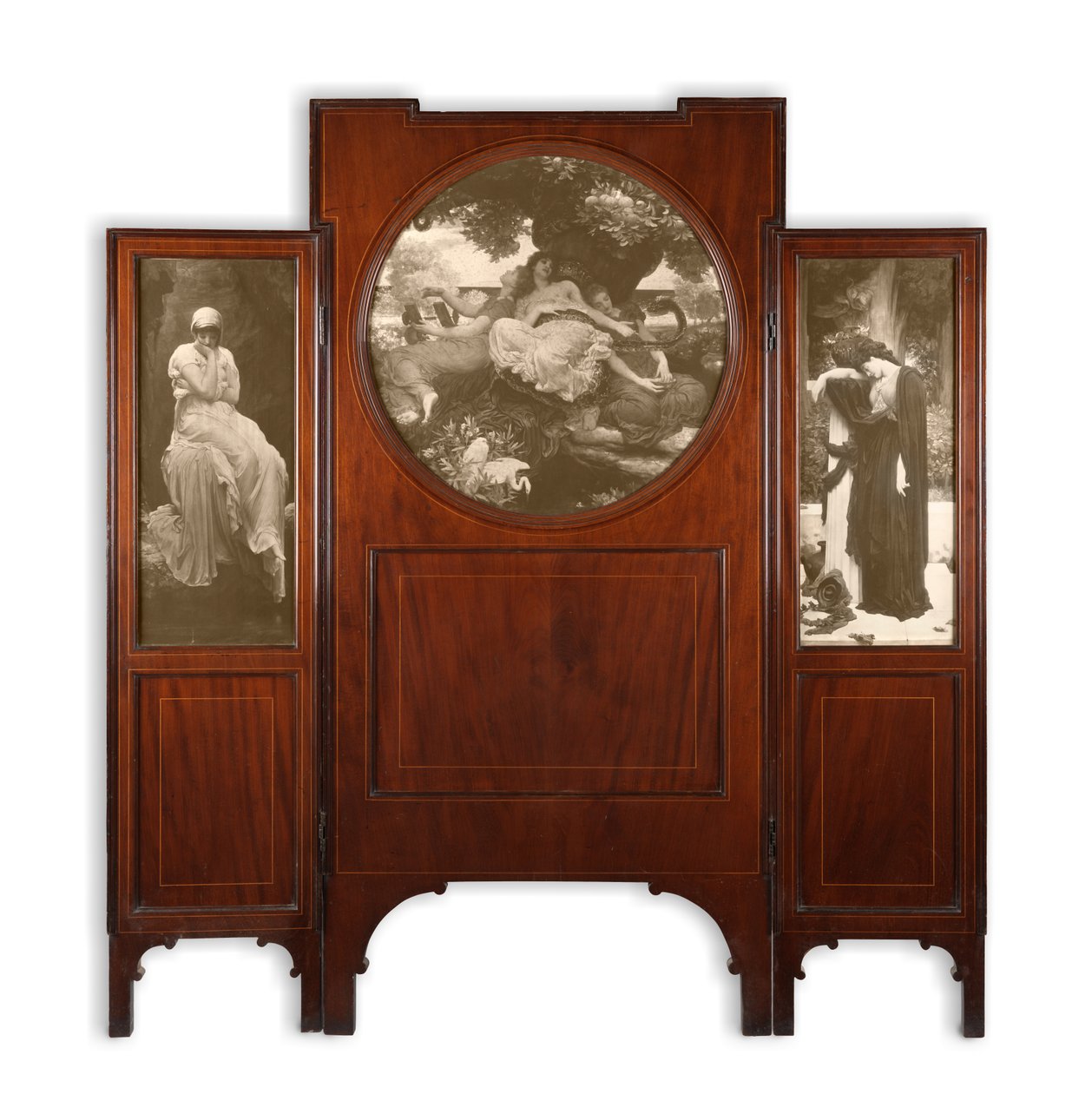 Mahonie Drievoudig Scherm met Print Inlays door Frederic Leighton