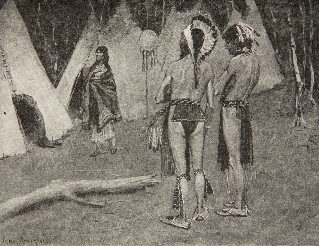 En haar minnaars, de afgewezen,... Knappe mannen met verf en veren, uit The Song of Hiawatha door Henry Wadsworth Longfellow, gepubliceerd door George G. Harrap und Company Ltd., 1911 door Frederic Remington