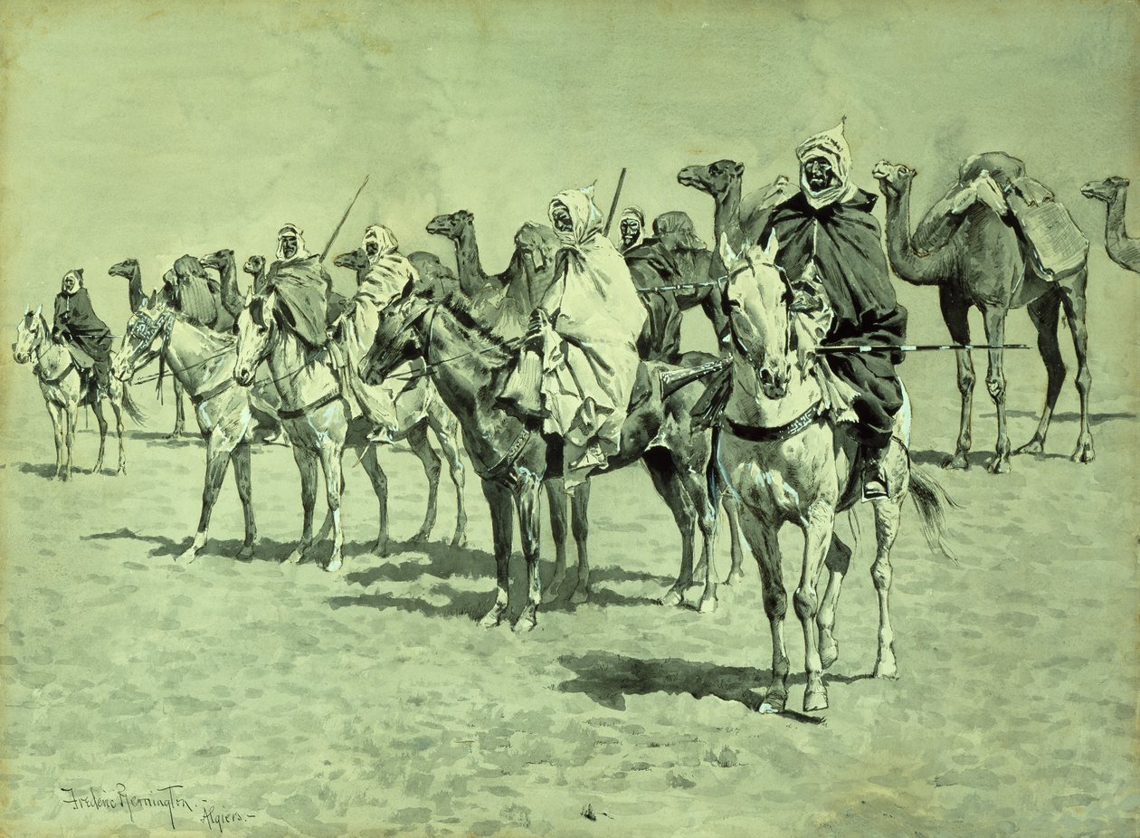 Caravan in de Sahara (penseel, pen en inkt) door Frederic Remington
