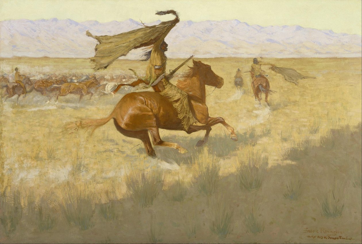 Verandering van eigenaar (The Stampede; Paardendieven) door Frederic Remington