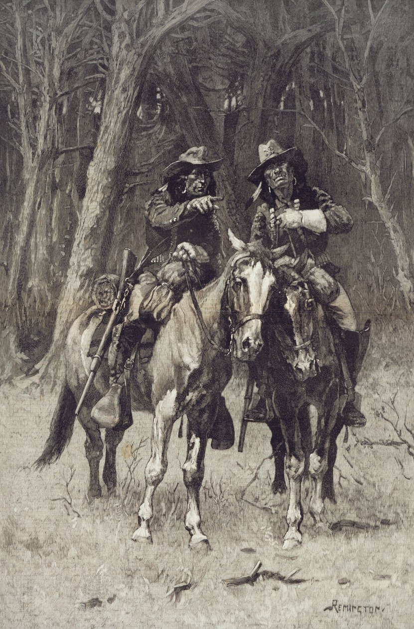 Cheyenne verkenners patrouilleren in het grote bos van de Noord-Canadees, Oklahoma, 6 april door Frederic Remington