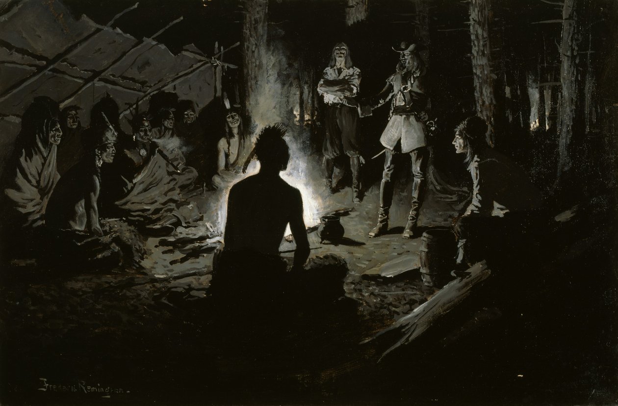 Raad van de Franse Ontdekkingsreiziger met de Indianen door Frederic Remington