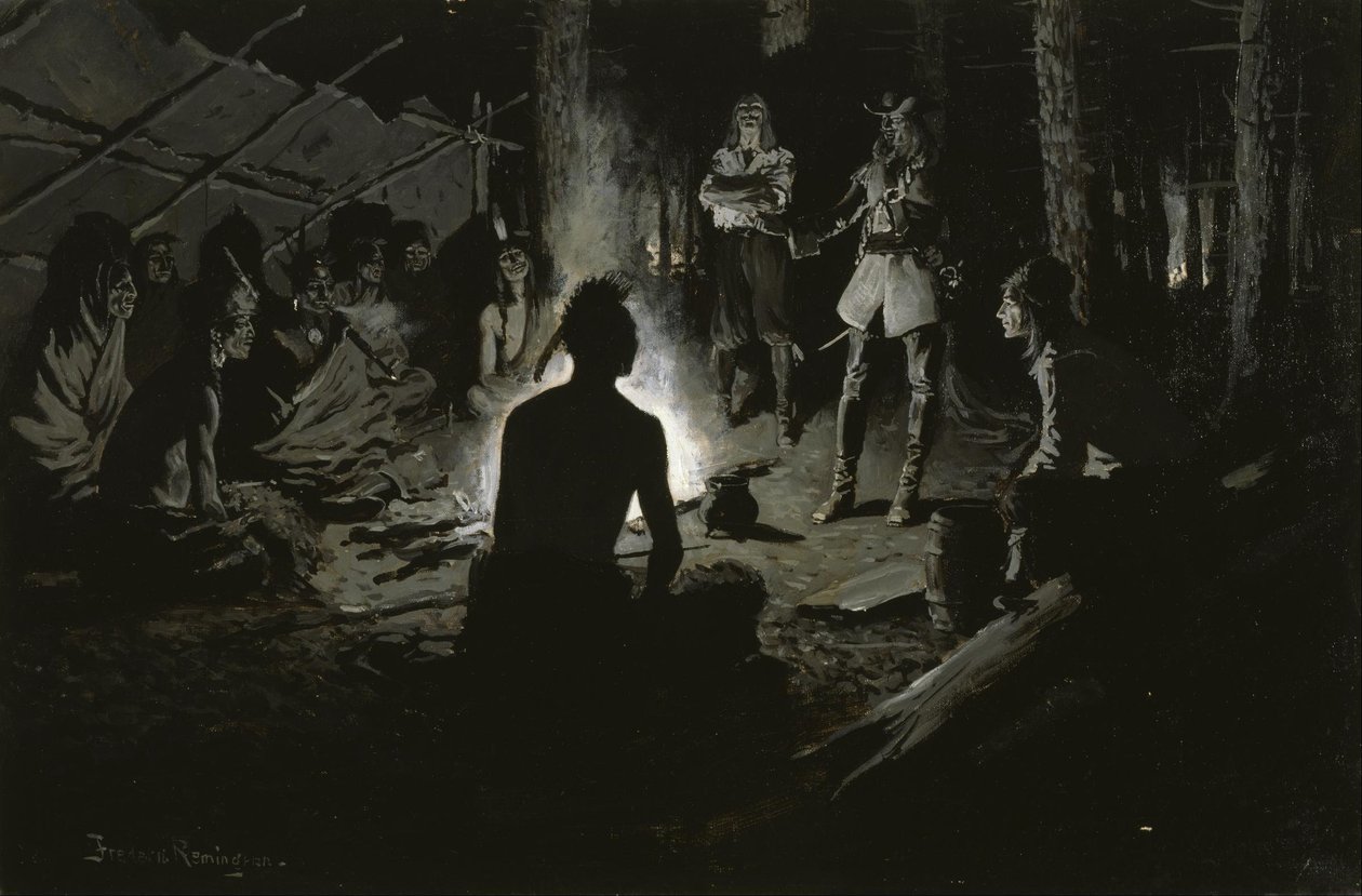 Raad van de Franse Ontdekkingsreiziger met de Indianen door Frederic Remington