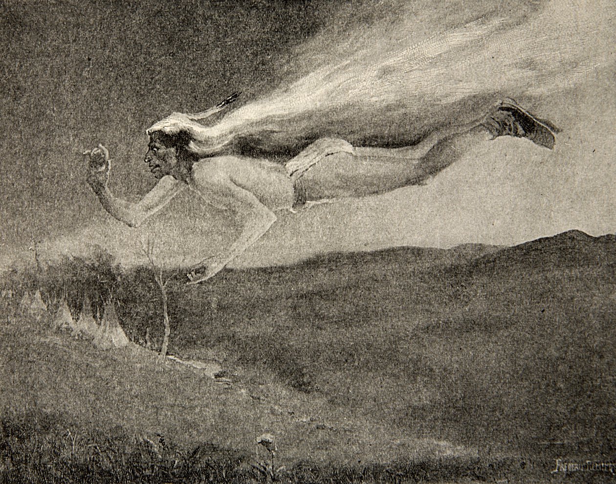 Gloorde als Ishkoodah, de komeet, als de ster met vurige lokken, uit The Song of Hiawatha door Henry Wadsworth Longfellow, uitgegeven door George G. Harrap en Company Ltd., 1911 door Frederic Remington