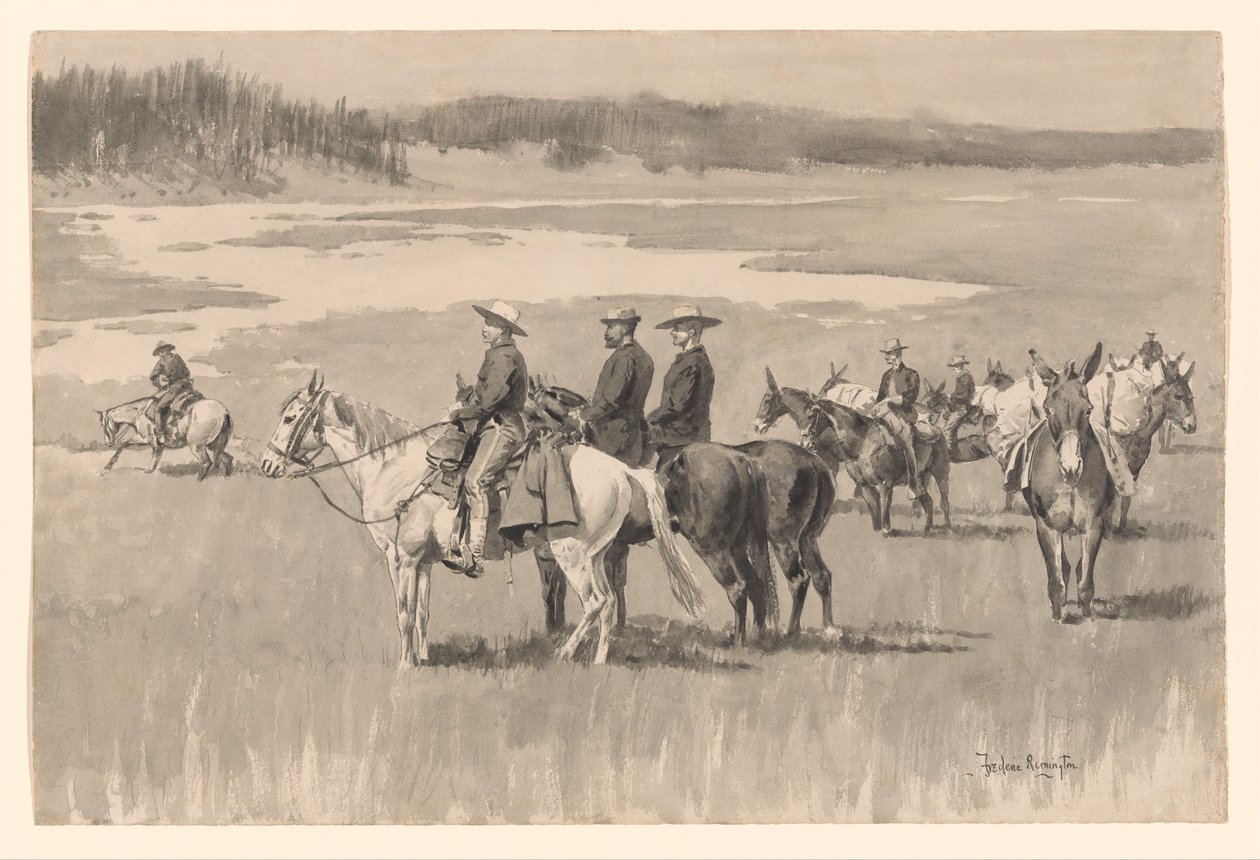 Bij de bovenloop - Burgess vindt een doorwaadbare plaats door Frederic Remington