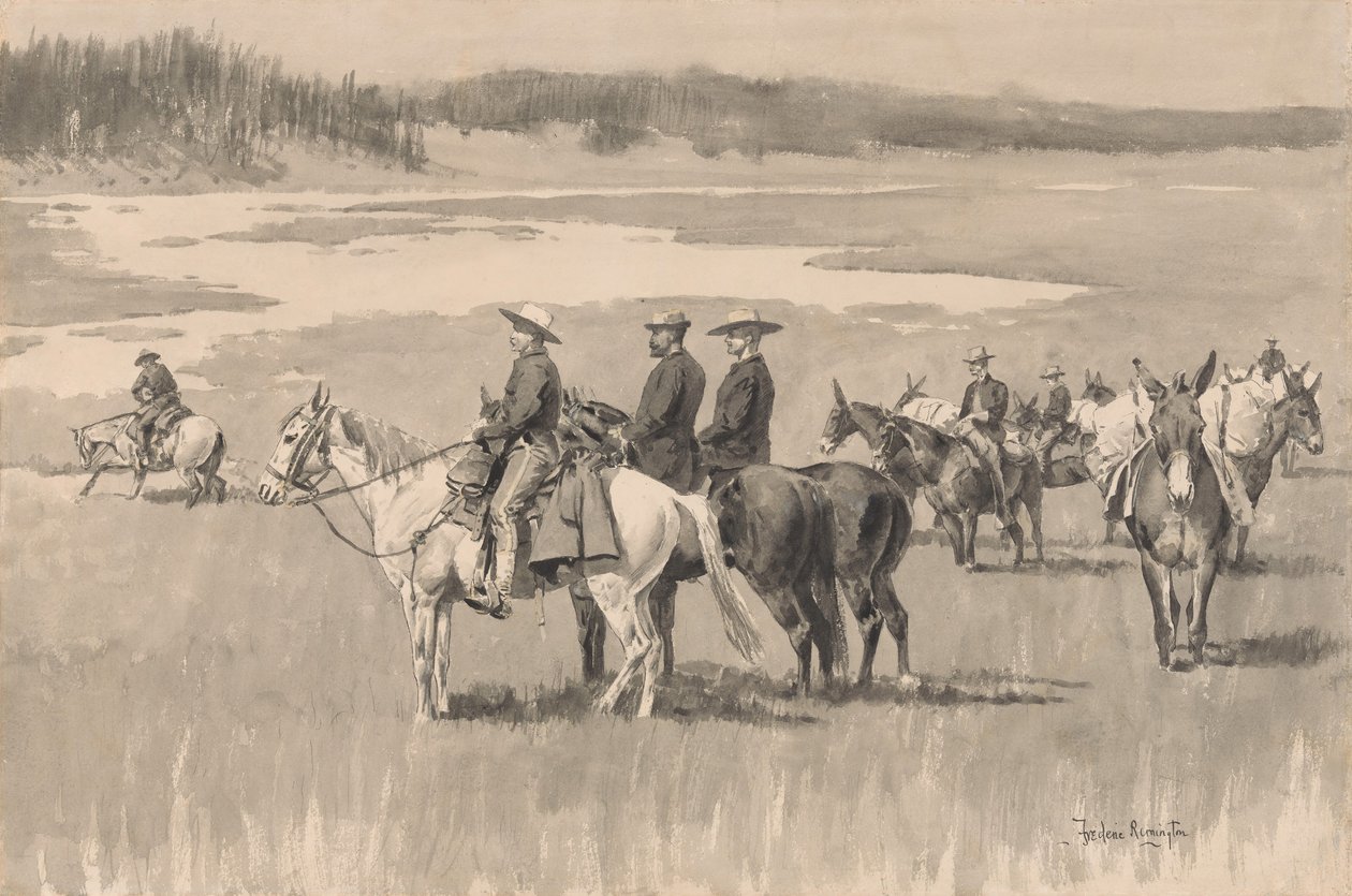Aan de Bronwateren--Burgess Vindt een Voorde, ca. 1893 door Frederic Remington