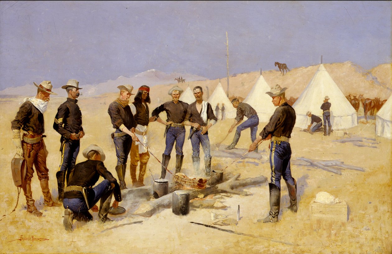 Kerstbief roosteren in een cavaleriekamp door Frederic Remington