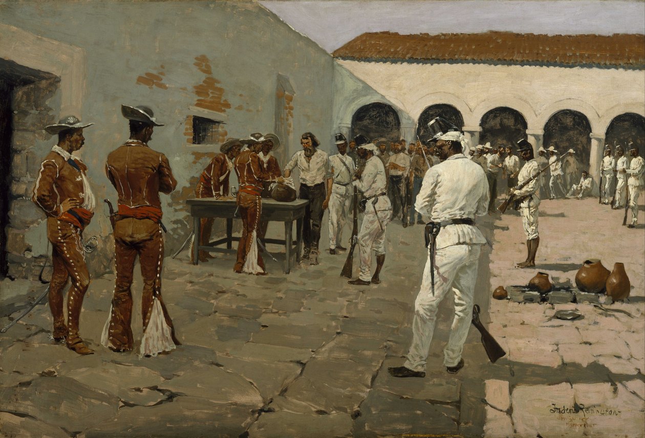 De Mier Expeditie:  De tekening van de zwarte boon (Gevangenen tekenen hun bonen) door Frederic Remington