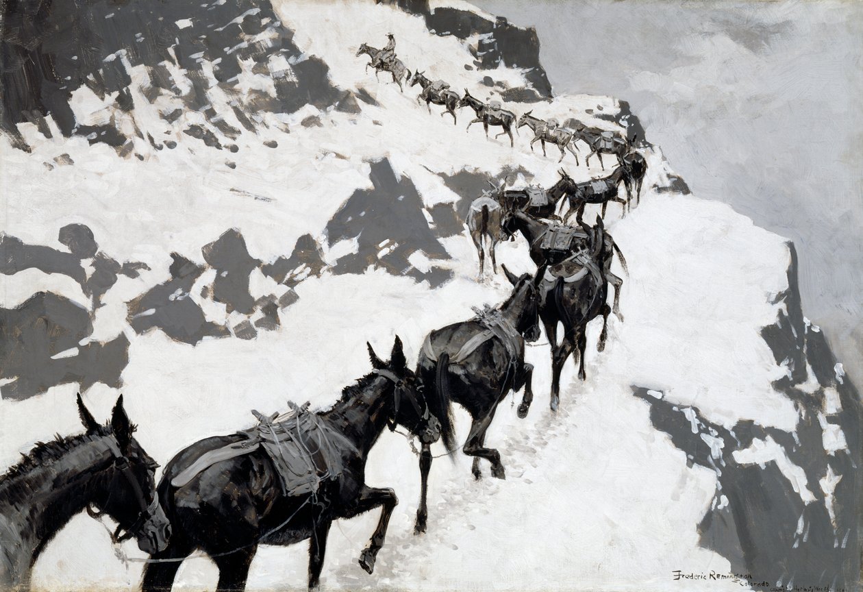 De muilezelkaravaan (een erts-trein die de zilvermijnen van Colorado binnenrijdt) 1901 door Frederic Remington