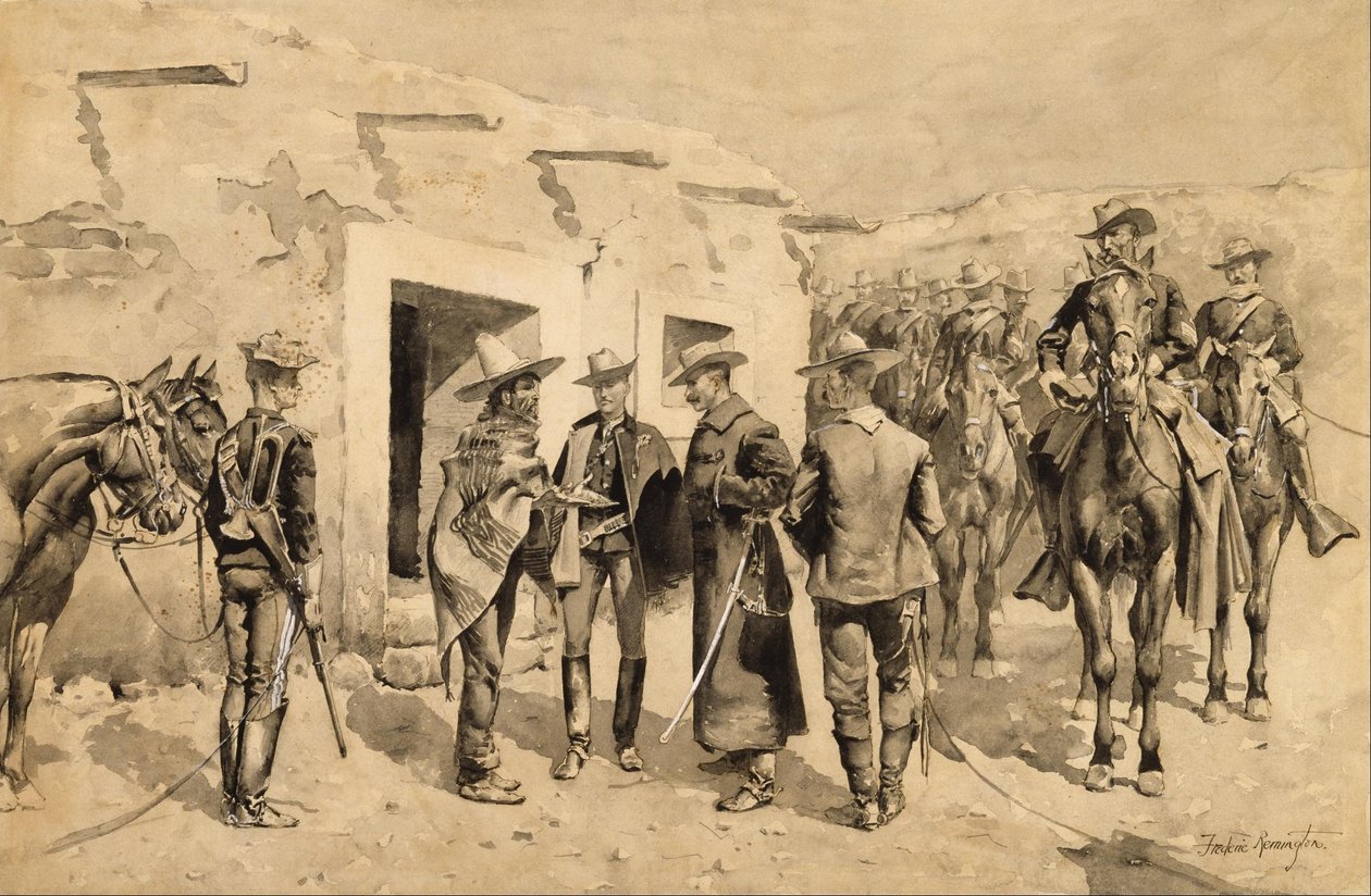 Amerikaanse cavalerie jaagt op Garza-mannen aan de Rio Grande door Frederic Remington