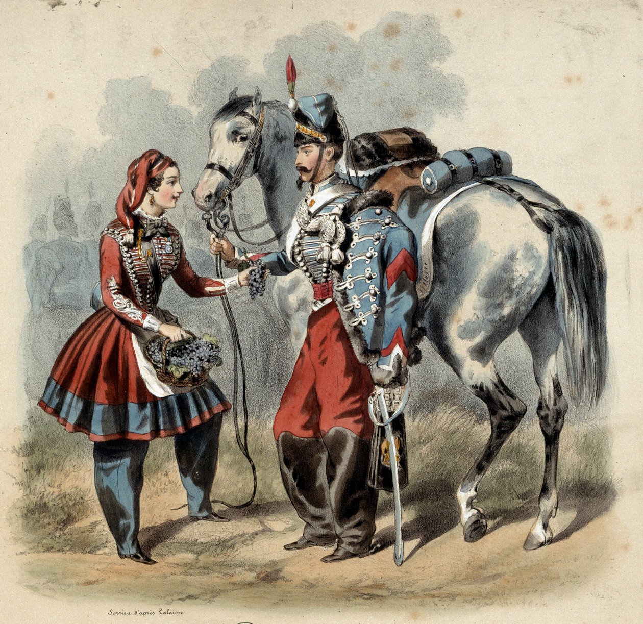 Het Franse leger en zijn cantinieres: Hussard en cantiniere de troupe de line door Frederic Sorrieu