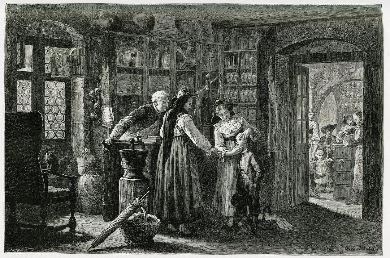 Bij de apotheker van het dorp Kaysersberg (of Kaisersberg, Elzas), een spoedconsultatie. Gravure door F. Lix, ter illustratie van het verhaal 