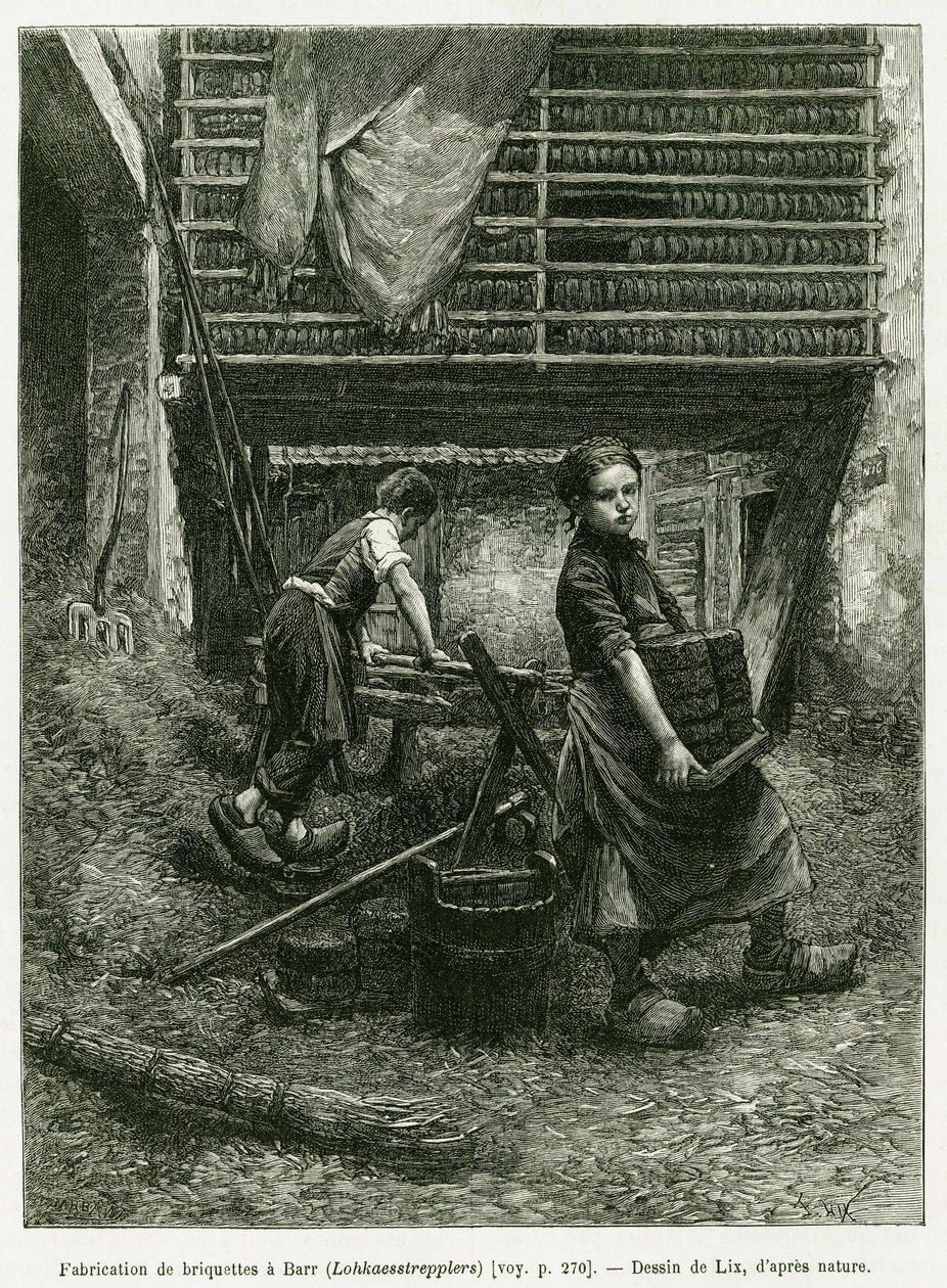 Kinderarbeid in brikettering, Barr. Gravure door Lix, ter illustratie van het verhaal 