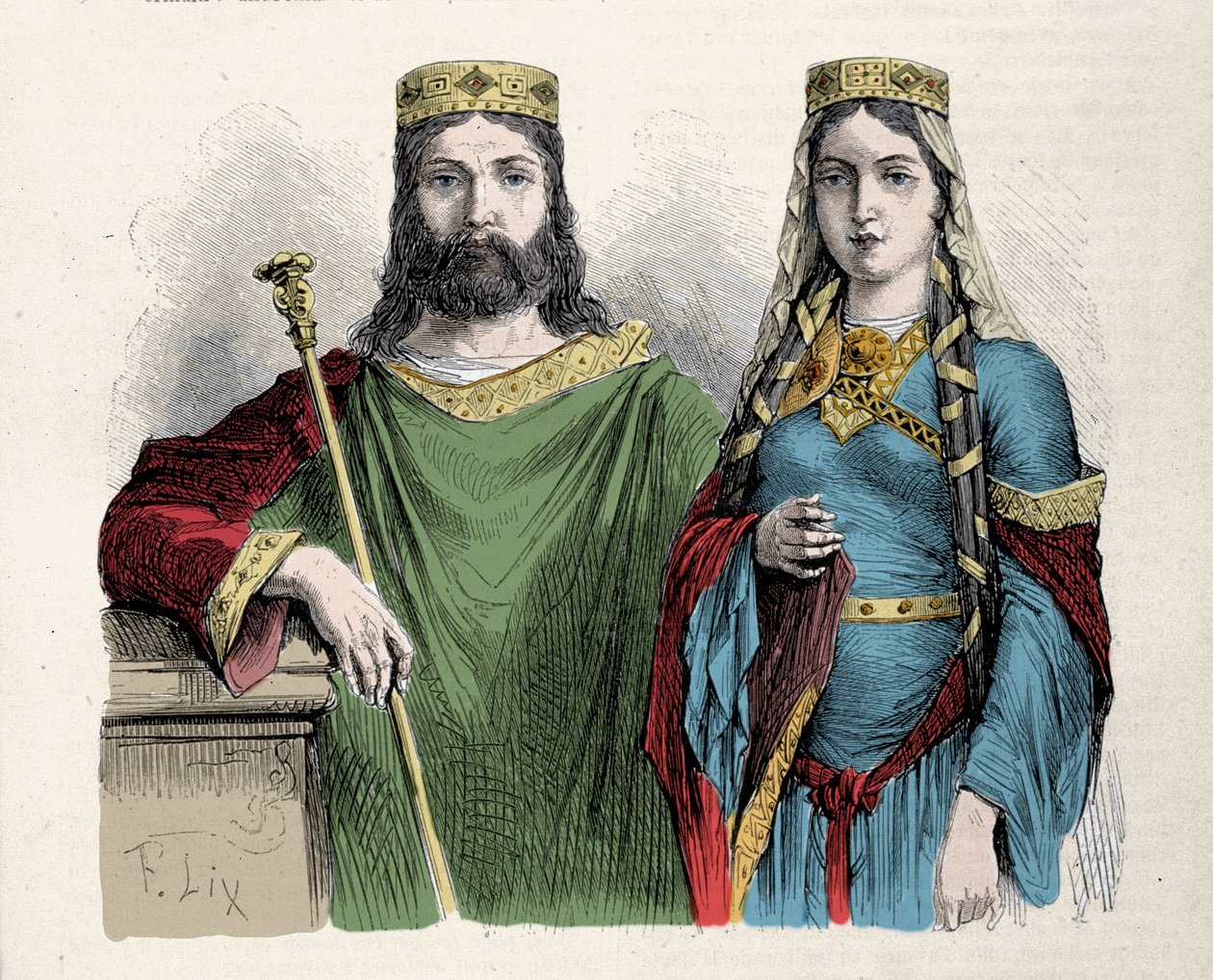 Clovis (481-511) koning van de Franken met zijn tweede vrouw Sint Clotilde (Clothilde) koningin. Gravure door Lix. door Frederic Theodore Lix