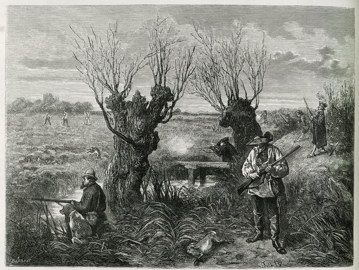Jacht op haas. Gravure door F. Lix, ter illustratie van het verhaal "Door Elzas en Lotharingen", in 1884, door Charles Grad door Frederic Theodore Lix
