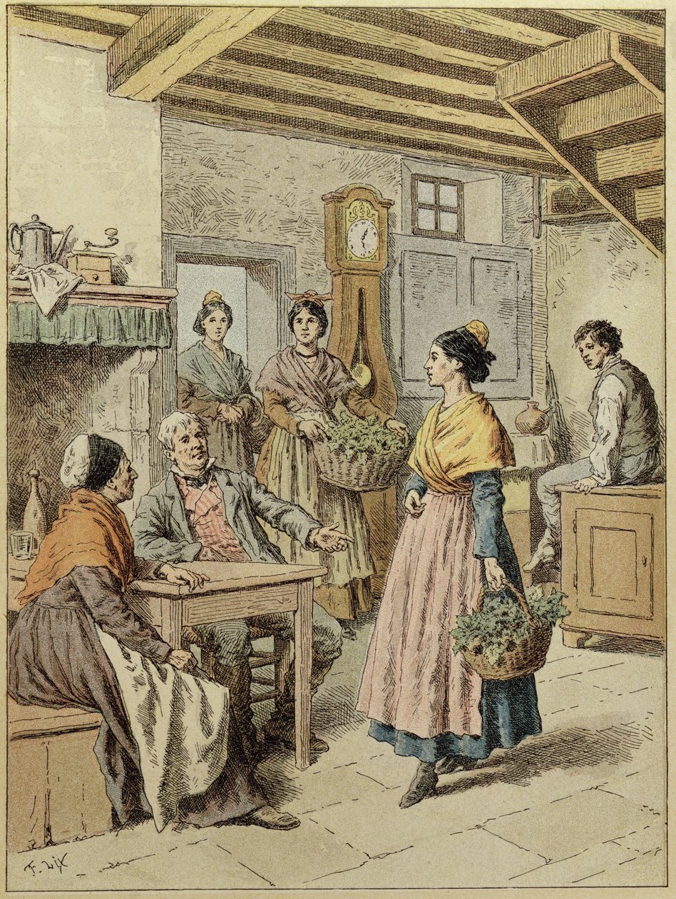 Interieur van een boerderij in de Provence, 1901 (kleurgravure) door Frederic Theodore Lix