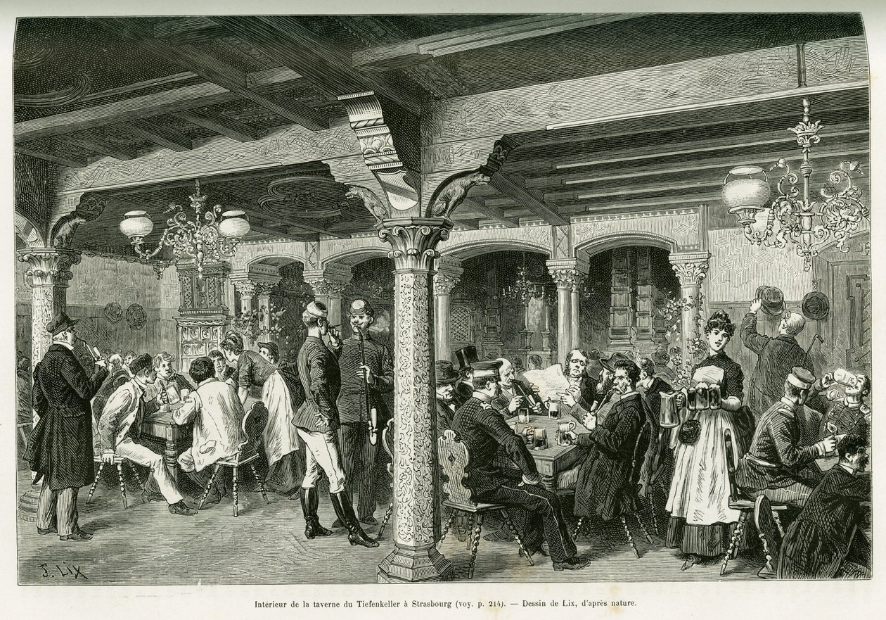 Interieur van de Tiefenkeller taverne in Straatsburg. Gravure door Lix, ter illustratie van het verhaal Door de Elzas en Lotharingen, in 1887, door Charles Grad, Duitse afgevaardigde, in de tour du monde 1888, onder leiding van Edouard Charton (1807-1890), door Frederic Theodore Lix