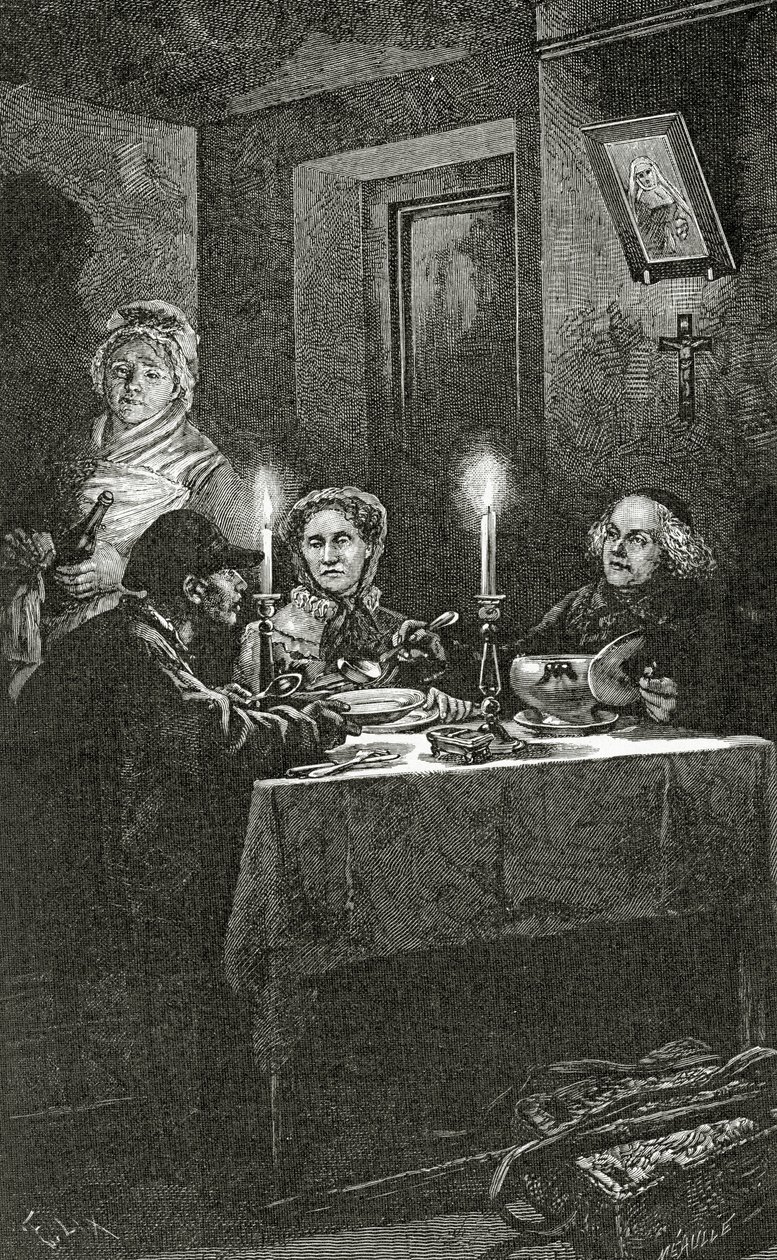 Jean Valjean wordt ontvangen en verzorgd door bisschop Myriel, 19e eeuw door Frederic Theodore Lix