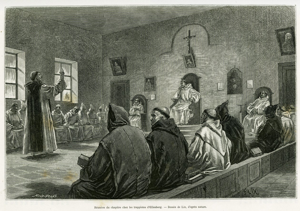 Vergadering van het kapittel onder de Trappisten van Oelenberg. Gravure door Lix ter illustratie van het verhaal Door de Elzas en Lotharingen, door Charles Grad, Duitse afgevaardigde, in 1885, in de tour du monde 1887, onder leiding van Edouard Charton (18 door Frederic Theodore Lix