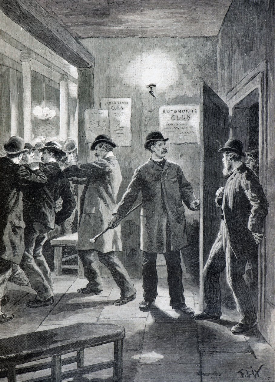 Politie-inval in een anarchistische club, Londen door Frederic Theodore Lix