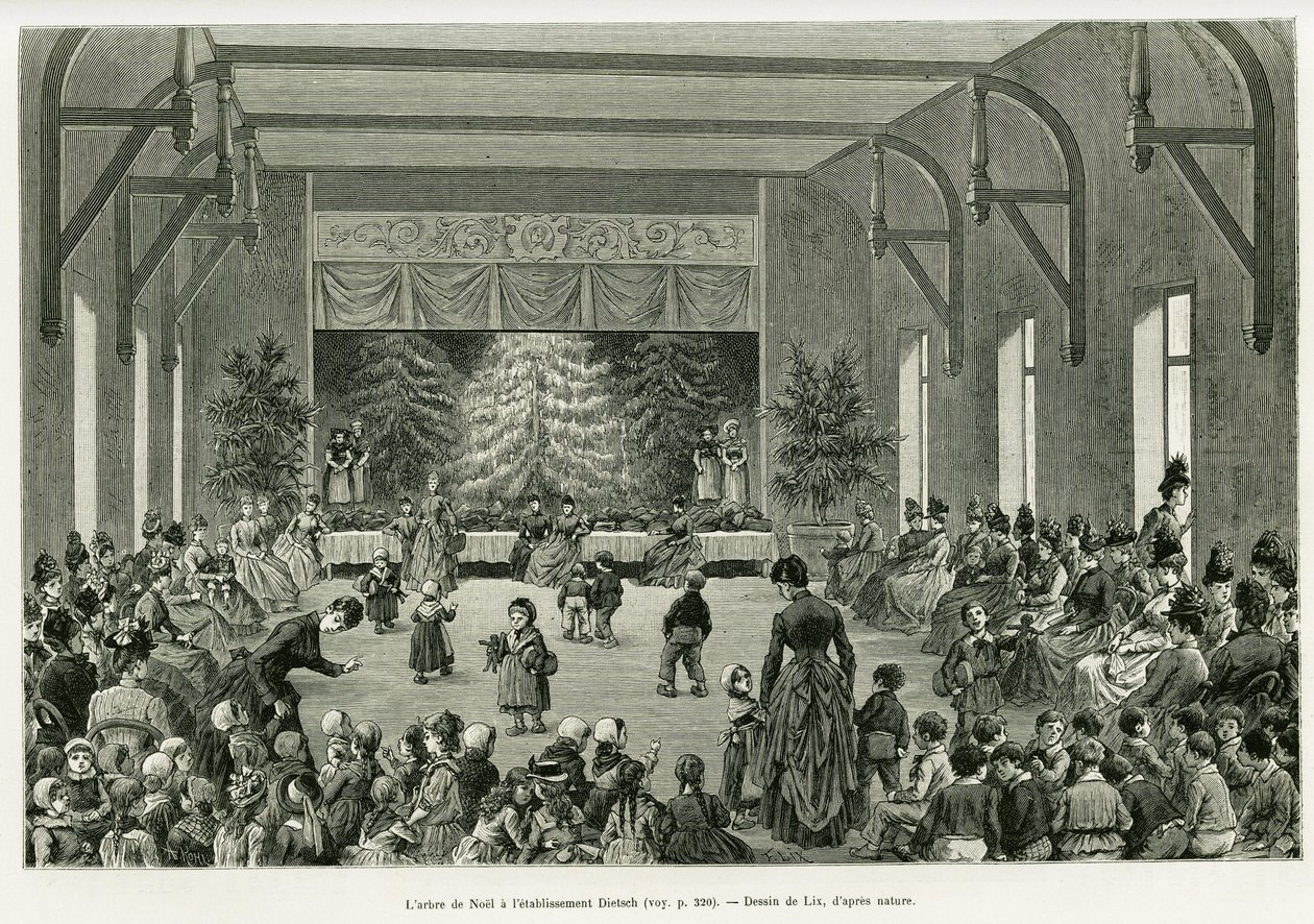 De kerstboom bij de Dietsch-inrichting. Gravure door Lix, ter illustratie van het verhaal A travers l