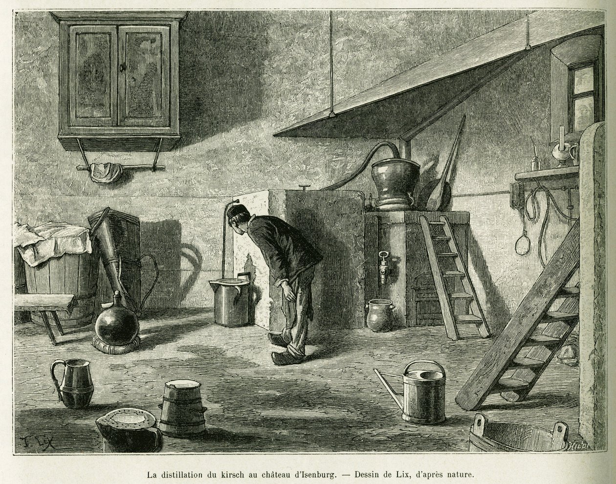 De distillatie van de kirsch in het kasteel van Isenburg. Gravure door Lix, ter illustratie van het verhaal 