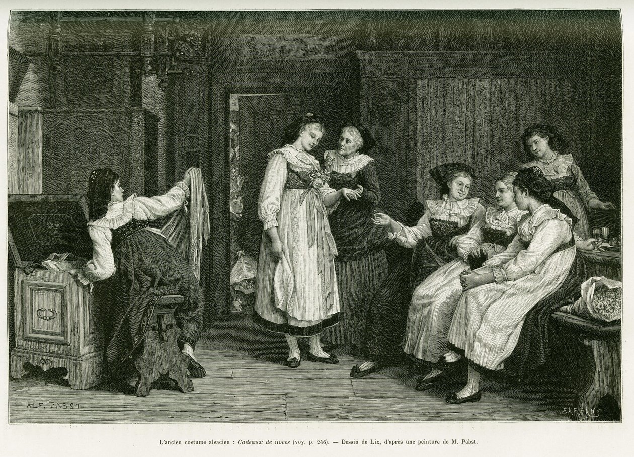 Het oude Elzasser kostuum. Gravure door Lix, naar een schilderij 
