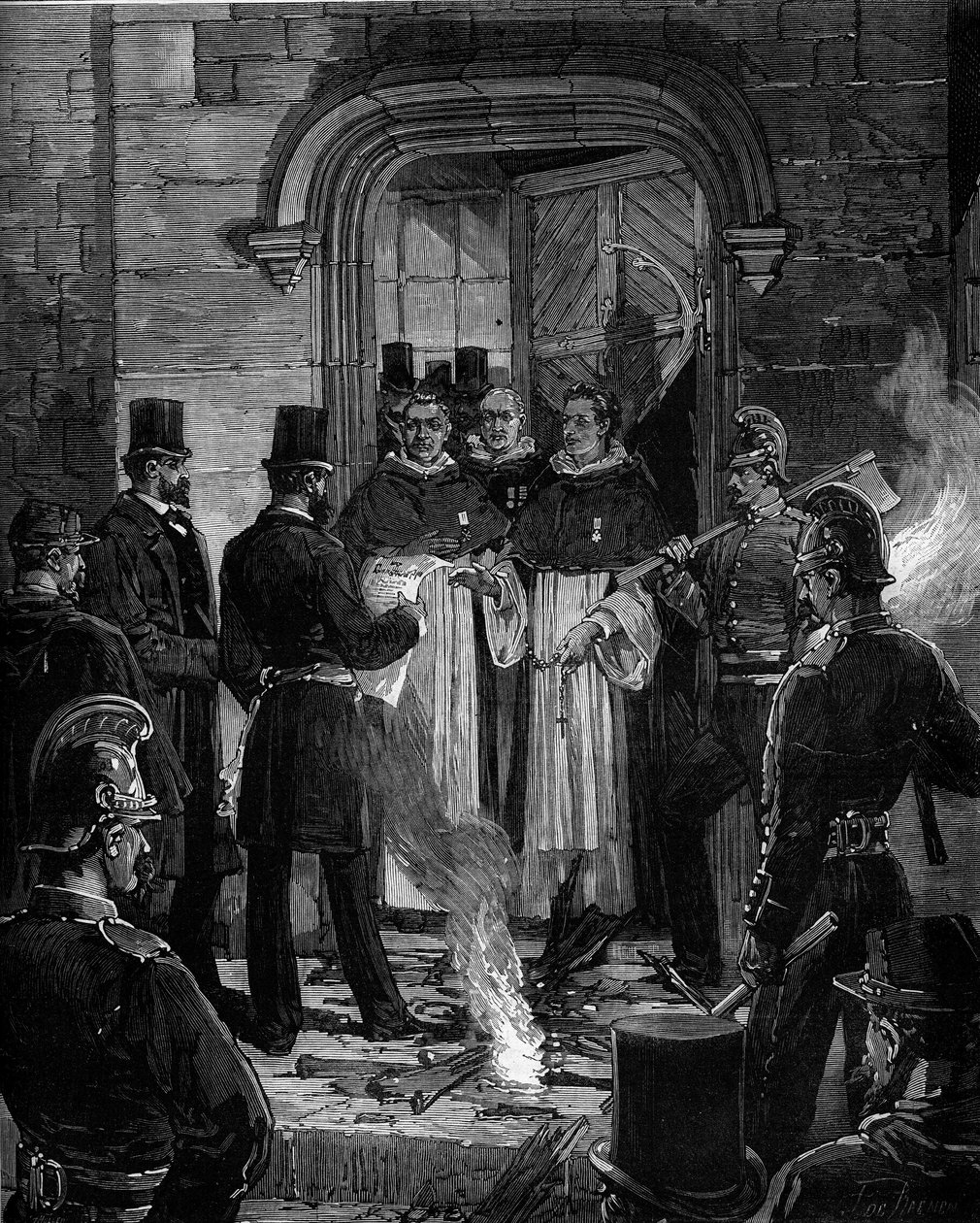 Uitdrijving van Dominicanen uit Rue de Jean de Beauvais in Parijs na de decreten van maart 1880 genomen door Jules Ferry en het verwijderen van het recht om leden van niet-erkende religieuze congregaties les te geven: het voorlezen van de kennisgeving van  door Frederic de Haenen