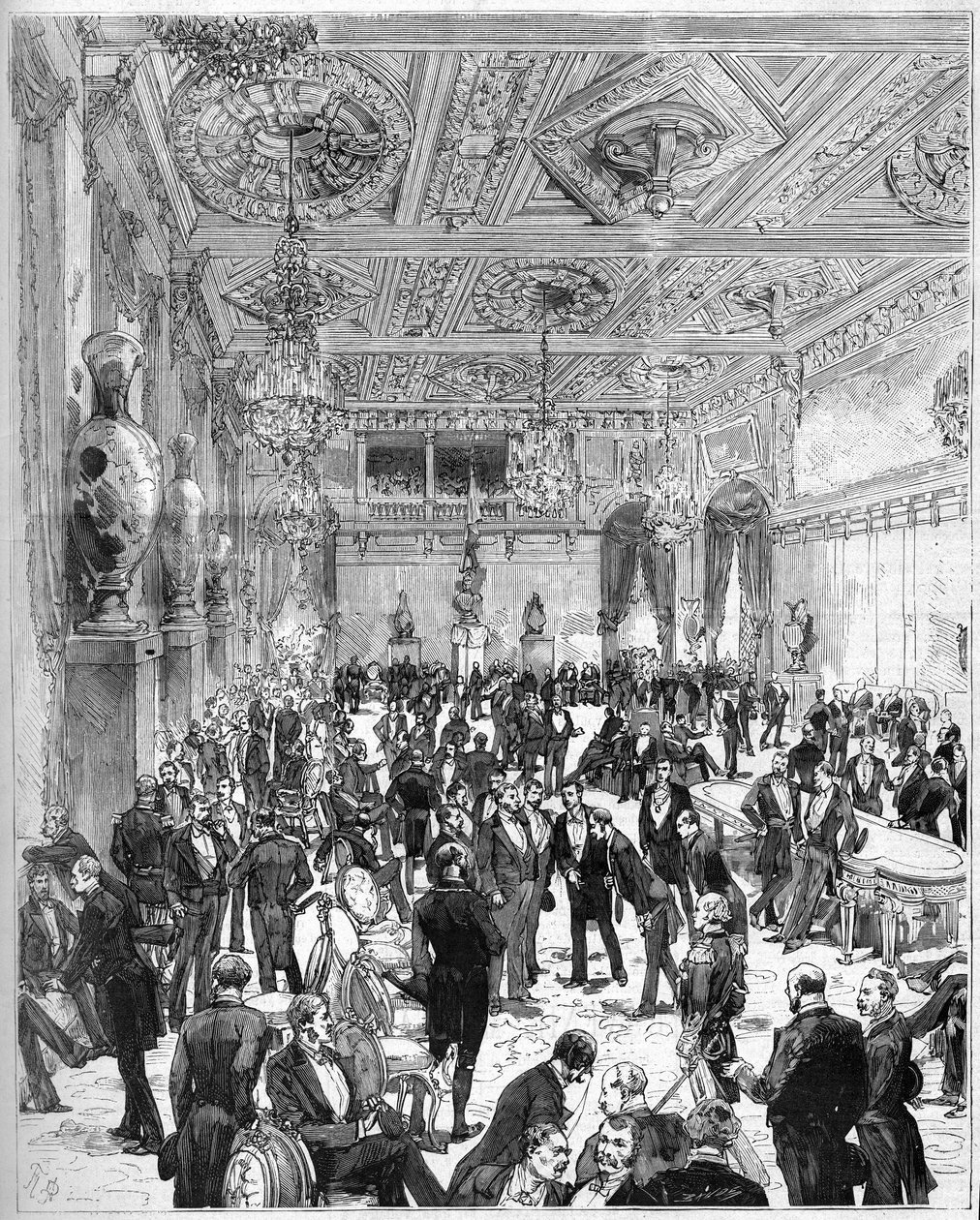 Inhuldiging van het stadhuis van Parijs op 14 juli 1882, herbouwd na de brand van 1871: uitzicht op de gemeenteraadskamer bij de aankomst van president Jules Grevy (1807-1891). Gravure door De Haenen en Dosso in 