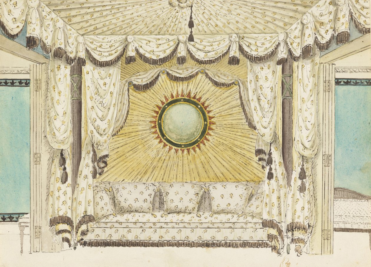 Ontwerp voor bed met tentnis, waarschijnlijk voor de slaapkamer of boudoir van de Prins van Wales, Royal Pavilion door Frederick Crace