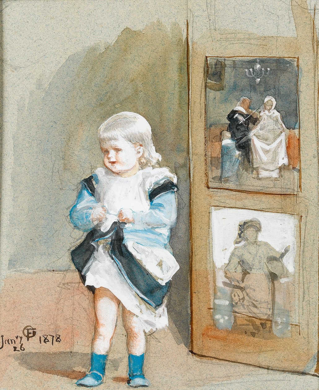 Frederica, de dochter van de kunstenaar, staand bij een beschilderd scherm, 1878 door Frederick Goodall