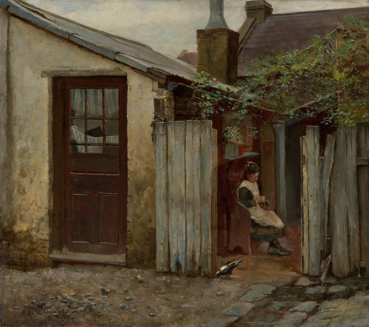 Meisje met vogel bij de King Street bakkerij door Frederick McCubbin