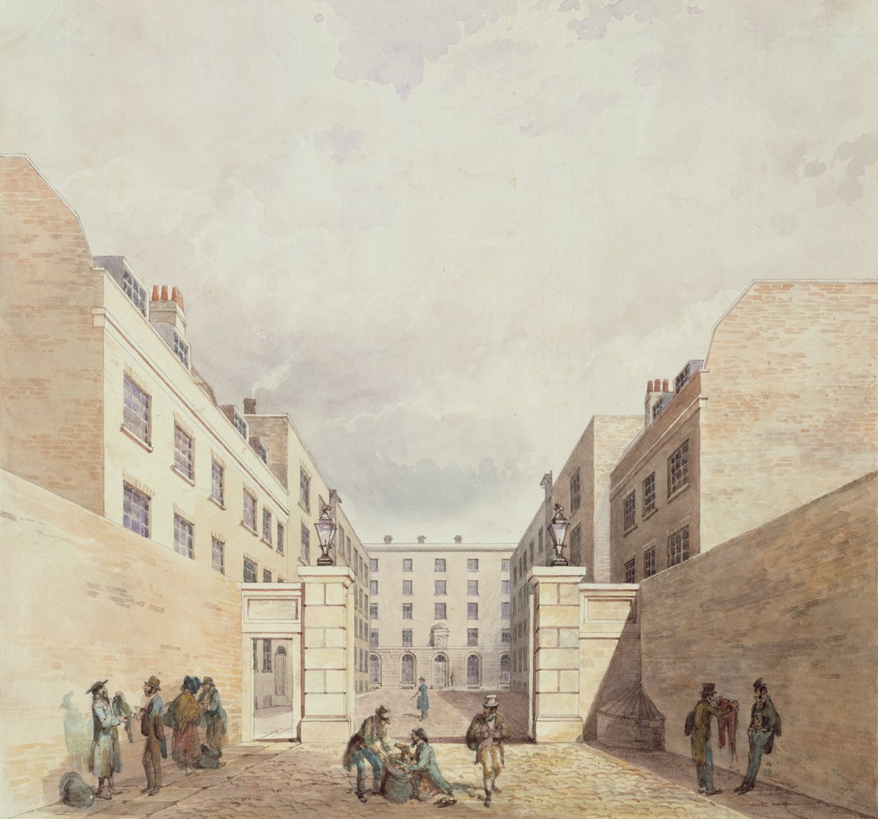 Uitzicht op de pakhuizen van de Oost-Indische Compagnie vanaf Cutler Street, 1836 door Frederick Nash