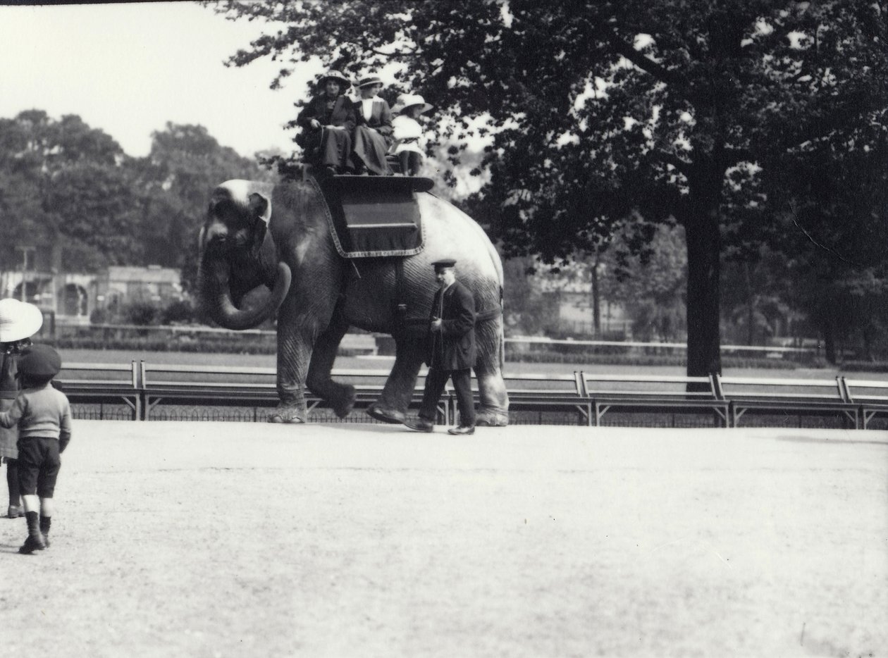 Een Aziatische olifant bereden door twee dames en een jong meisje, met een verzorger aan haar zijde, London Zoo, mei 1914 door Frederick William Bond